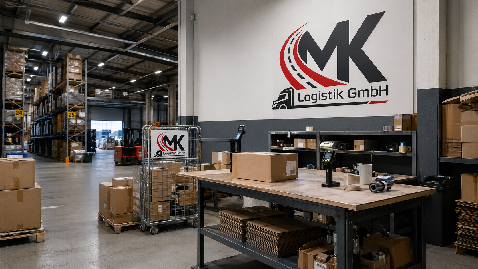 Umschlag-Bereich in Hemmingen – Packtisch, Waage, Etikettendrucker und Lagerregale mit MK Logistik Logo