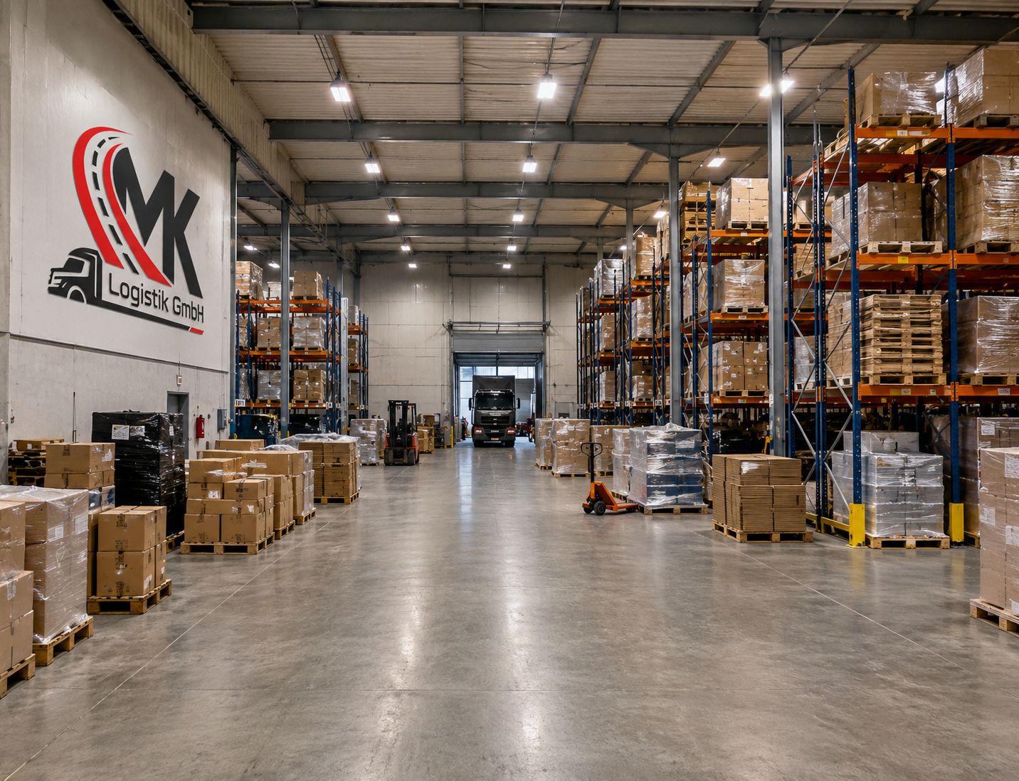 Lagerhalle in Hemmingen – Hochregallager mit Paletten, breitem Mittelgang und MK Logistik Logo an der Wand