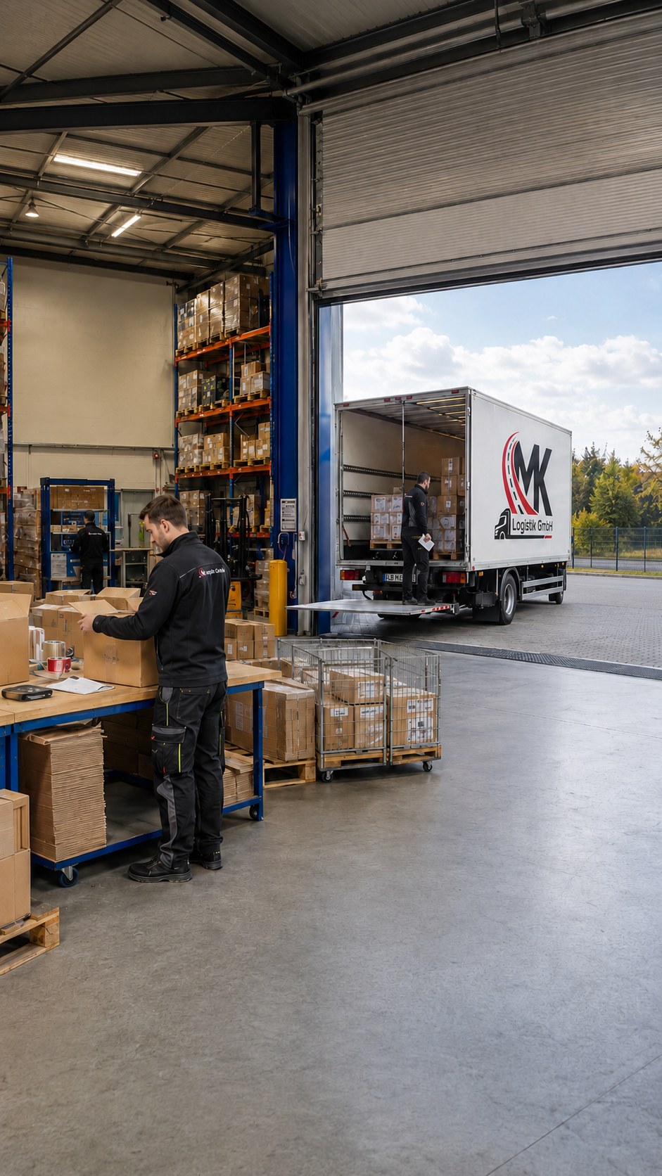 MK Logistik in Hemmingen: kombinierter Ablauf aus Warenannahme, Kommissionierung, Verpackung an der Packstation und Verladung eines MK Logistik LKW an der Rampe.