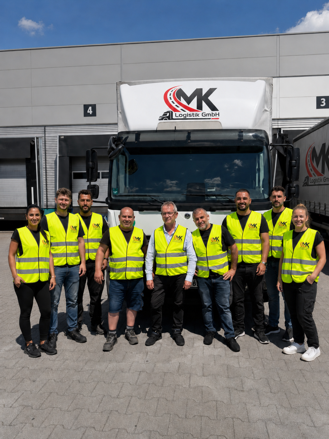 Team der MK Logistik GmbH vor LKW an der Laderampe in Hemmingen